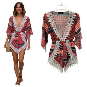 Hotcial Patchwork Print Romper Women's Size S  Red Multicolor Lace Bell Sleeve